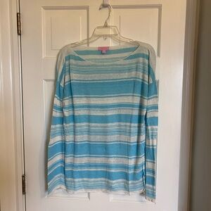 Lily Pulitzer blue and white striped linen summer sweater top Large